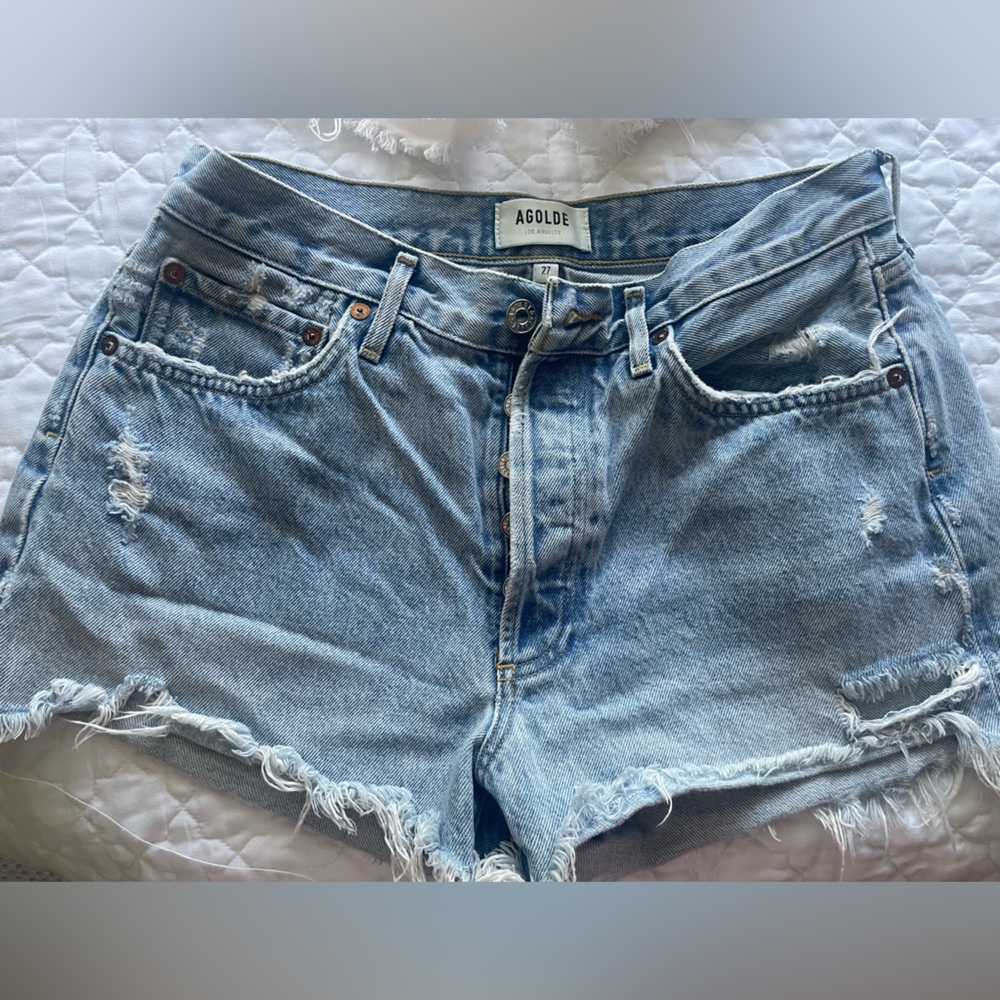 Agolde Distressed Light Blue Jean Shorts